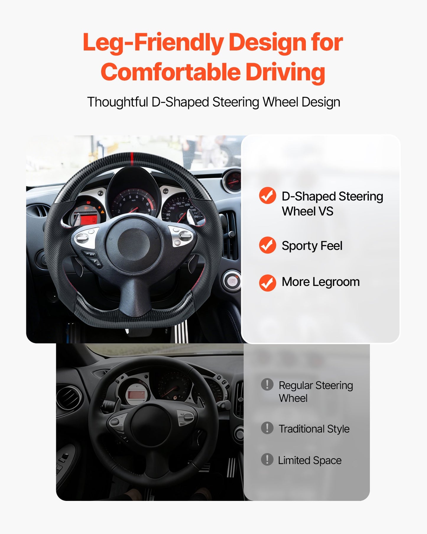 Steering Wheel for 2008-2020 Nissan 370Z, Carbon Fiber Steering Wheel D-Shaped Flat-Bottom, Leather Grip with Non-Slip Texture & Precise Stitching, Accessories Replacement for Nissan 370Z, Black