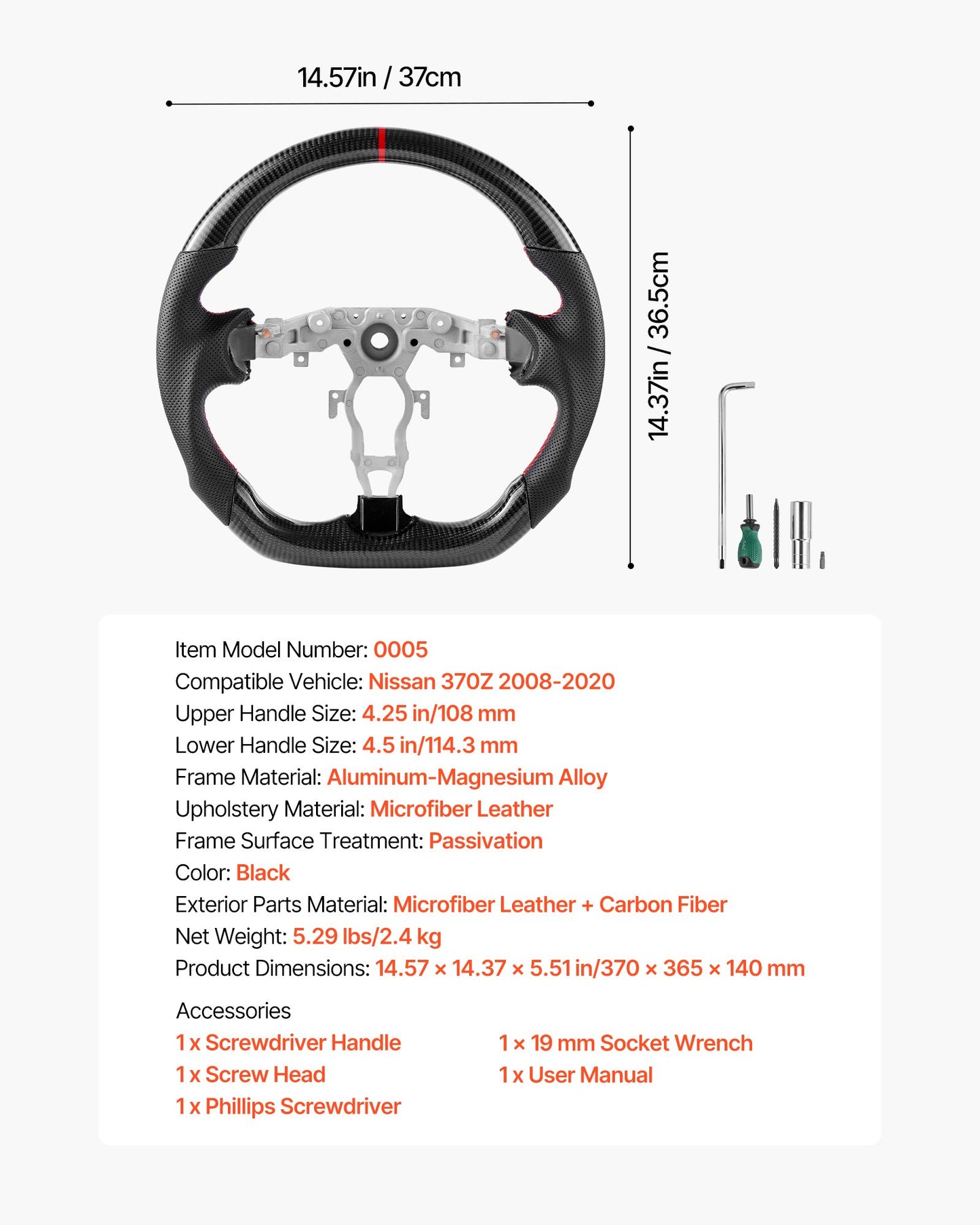 Steering Wheel for 2008-2020 Nissan 370Z, Carbon Fiber Steering Wheel D-Shaped Flat-Bottom, Leather Grip with Non-Slip Texture & Precise Stitching, Accessories Replacement for Nissan 370Z, Black