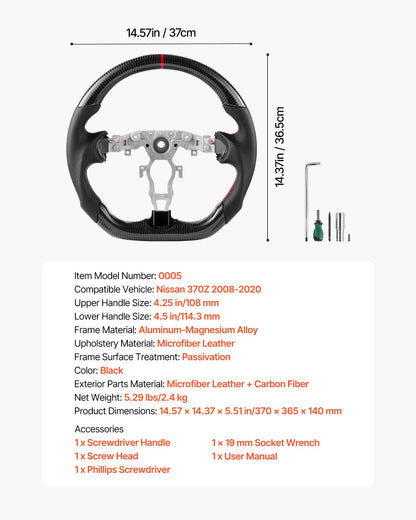 Steering Wheel for 2008-2020 Nissan 370Z, Carbon Fiber Steering Wheel D-Shaped Flat-Bottom, Leather Grip with Non-Slip Texture & Precise Stitching, Accessories Replacement for Nissan 370Z, Black