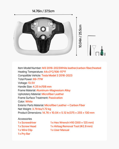 Steering Wheel for 2016-2023 Tesla Model 3, Carbon Fiber Steering Wheel D-Shaped Flat-Bottom with Heating Function, Leather Grip with Non-Slip Texture, Accessories Replacement for Model 3, White