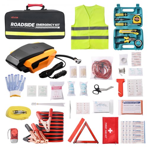 Car Emergency Kit, 2-in-1 First Aid Kit with Jumper Cables, Essential Roadside Emergency Car Kits for Vehicle, Travel and Home, 32-Piece Auto Road Side Assistance Tools with Medical Aid Kits