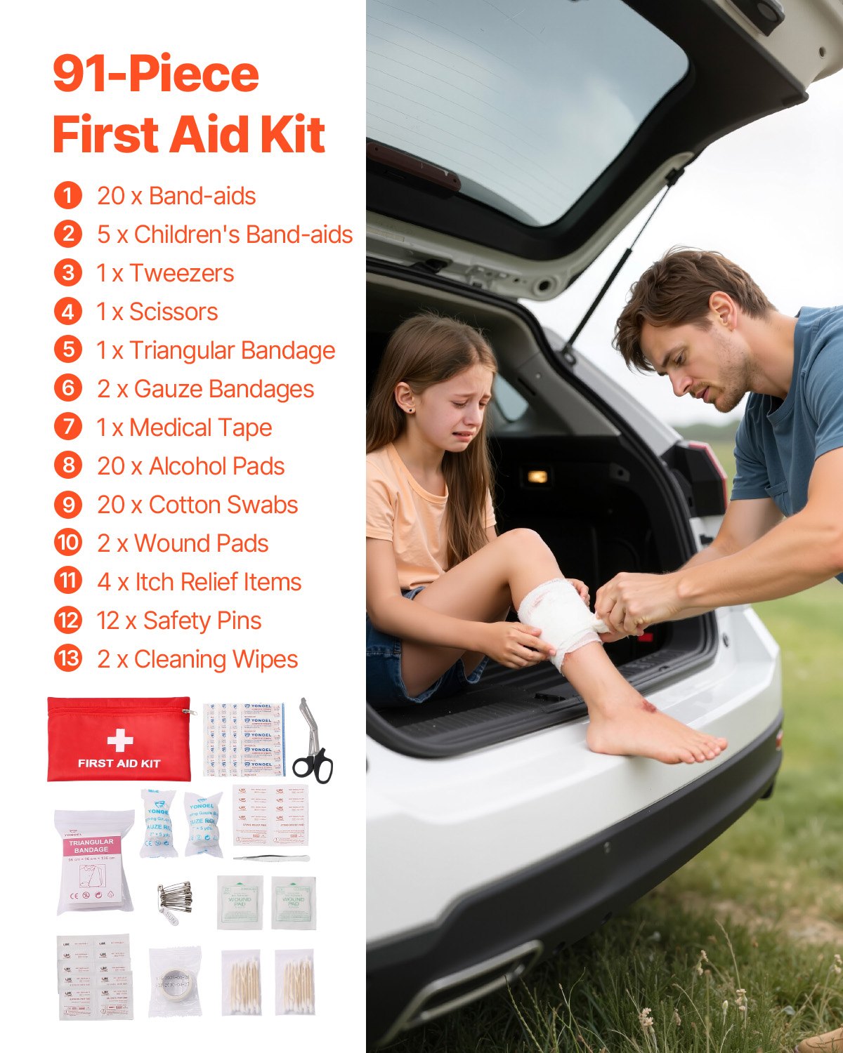 Car Emergency Kit, 2-in-1 First Aid Kit with Jumper Cables, Essential Roadside Emergency Car Kits for Vehicle, Travel and Home, 32-Piece Auto Road Side Assistance Tools with Medical Aid Kits