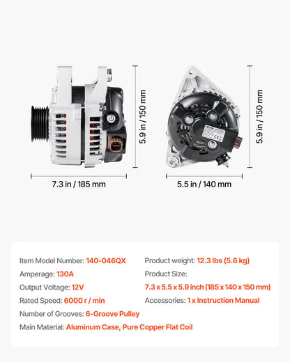 Car Alternator 11032, Fit for Toyota Highlander V6 3.3L 2004-2007, Sienna 2004-2006, Lexus RX330 3.3L 2004-2006, Automotive Replacement Alternator 27060-0A100, 27060-0A130, AL3315X, 400-52140R