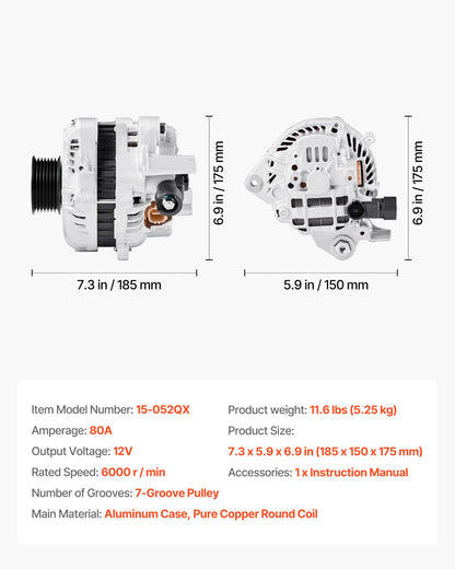 Car Alternator 11176, Fit for Honda Civic 1.8L L4 2006-2008 2011, Civic 1.8L L4 (MFI) 2009-2010, Automotive Replacement Alternator 31100RNAA01, 31100RNAA012M2, 31100RNAA01RM, AHGA67, A002TC1391
