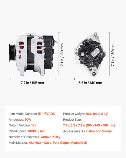 Car Alternator 11311N, Fit for KIA Spectra5 L4 2.0L 2007-2009, Soul 2010-2011, for HYUNDAI Elantra L4 2.0L 2007-2012, Automotive Replacement Alternator 211311, 2655635, 3730023650, 40046020