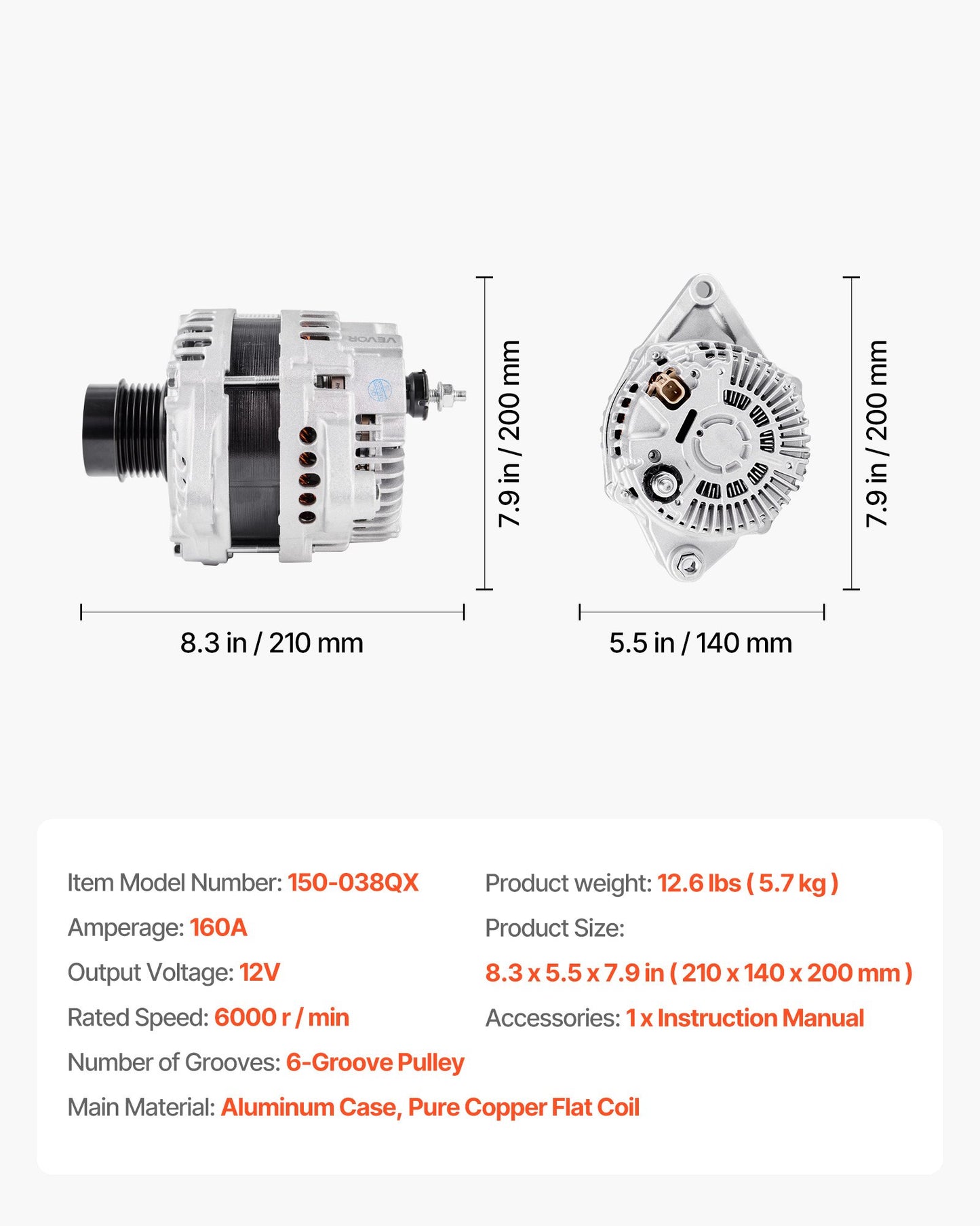 Car Alternator 11440, Fit for Dodge Journey SE Value 2.4L 2020, SXT 2.4L 2012-2018, Crossroad 2016-2020, L4 2009-2020, Automotive Replacement Alternator 12987, 2035080, 4801490AA, 2138864, 90004