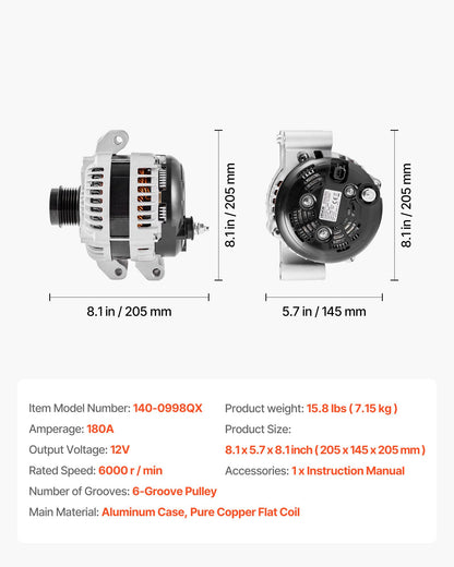 Car Alternator 11598, Fit for Dodge Challenger V6 3.6L 2015-2021, Charger 2011-2021, Durango 2011-2020, Jeep Grand Cherokee 11-20, Ram 1500 13-15, Automotive Replacement Alternator 4210007040