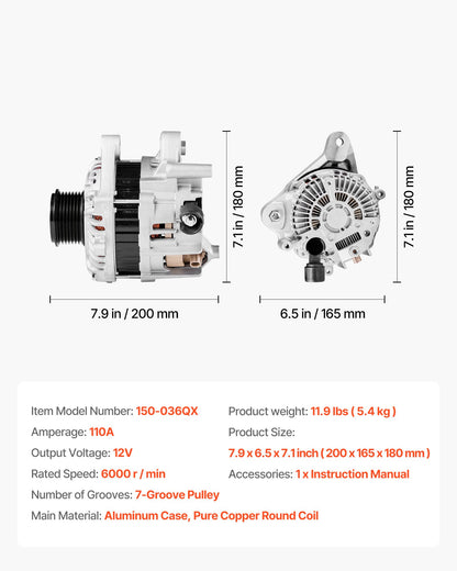 Car Alternator 11999, Compatible with Honda Accord L4 2.4L 2013-2017, Automotive Replacement Alternator with Aluminum Housing and Pure Copper Round Coil, 31100-5A2-A02, AHGA88, 14489, A5TL0581ZC