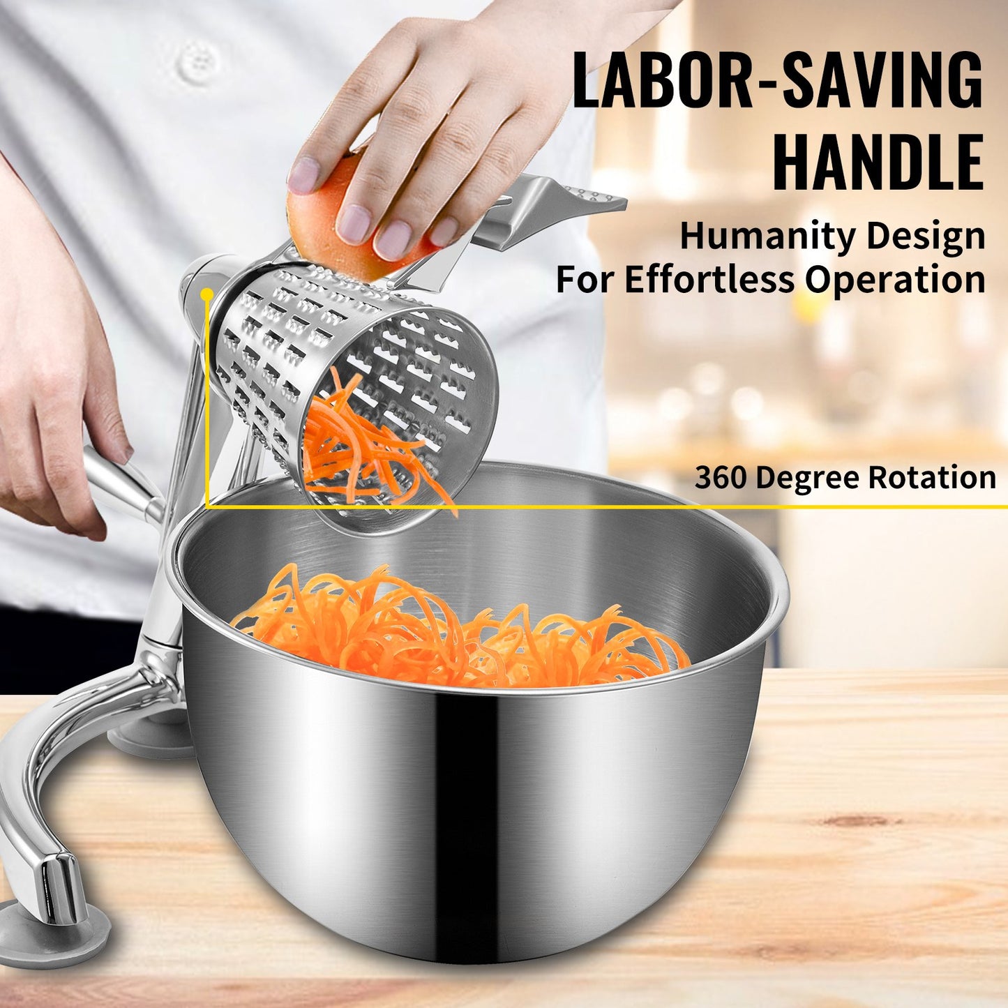 Rotary Cheese Grater, Zinc Alloy Rotary Vegetable Mandoline, Manual Cheese Mandoline with 5 Stainless Steel Cutting Cones, Manual Vegetable Grater with 2.5L Bowl, Rotary Shredder with Suction Ba