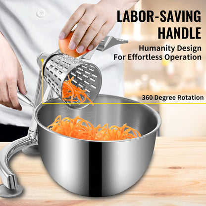 Rotary Cheese Grater, Zinc Alloy Rotary Vegetable Mandoline, Manual Cheese Mandoline with 5 Stainless Steel Cutting Cones, Manual Vegetable Grater with 2.5L Bowl, Rotary Shredder with Suction Ba
