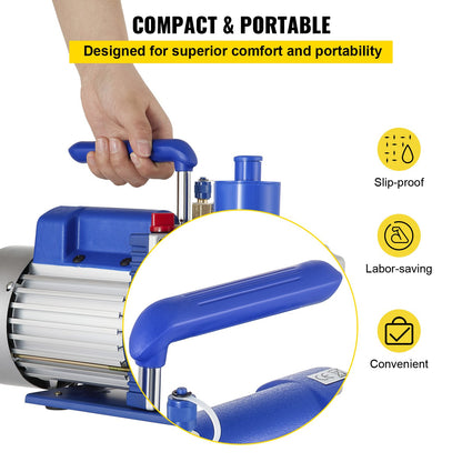 Vakuumpumpe, 10CFM 1 PS, zweistufige Drehschieber-Vakuumpumpe, 220 V 5 PA Anlage HVAC Kältemittel-Luftwerkzeug für HVAC, automatisches Nachfüllen von AC-Kältemitteln, Weinentgasung und Lebensmittelverarbeitung, blau