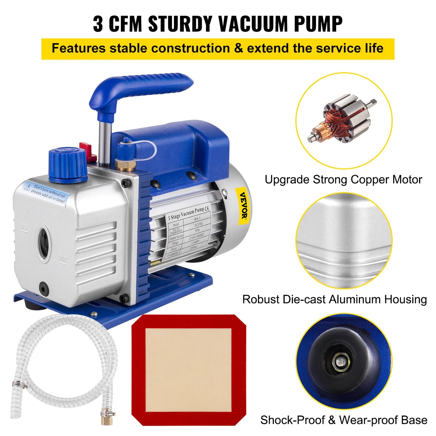 3 CFM 1/4HP enstegsvakuumpump, 3 gallon (13 liter) vakuumkammaresats, HVAC A/C kylsats