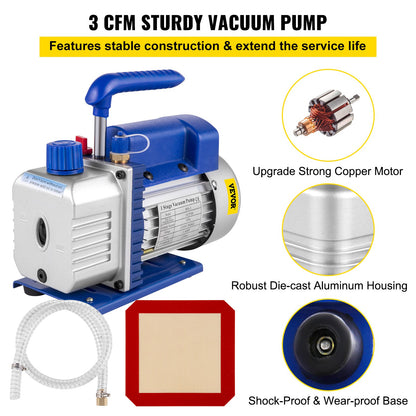 3 CFM 1/4HP enstegsvakuumpump, 3 gallon (13 liter) vakuumkammaresats, HVAC A/C kylsats