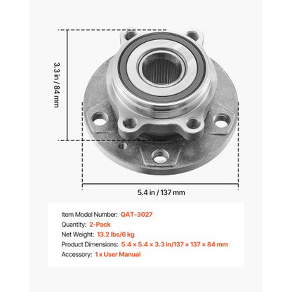 2-DELARS Hjullager och Nav fram Passar 2018 Audi Q3 Komfort Premium Plus Sport Utility 4-dörrars Volkswagen Beetle Coast Cabriolet 2-dörrars 2.0L OEM 513253, Hjullagernavsats |  EU