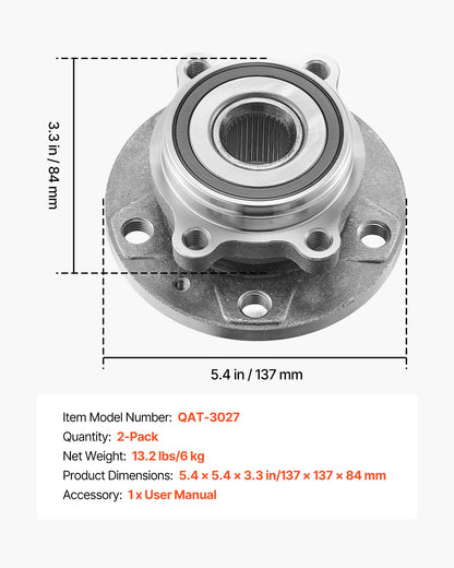 2PCS Front Wheel Bearing & Hub Assembly Fit for 2018 Audi Q3 Komfort Premium Plus Sport Utility 4-Door Volkswagen Beetle Coast Convertible 2-Door 2.0L OEM 513253, Wheel Bearing Hub Assembly Set