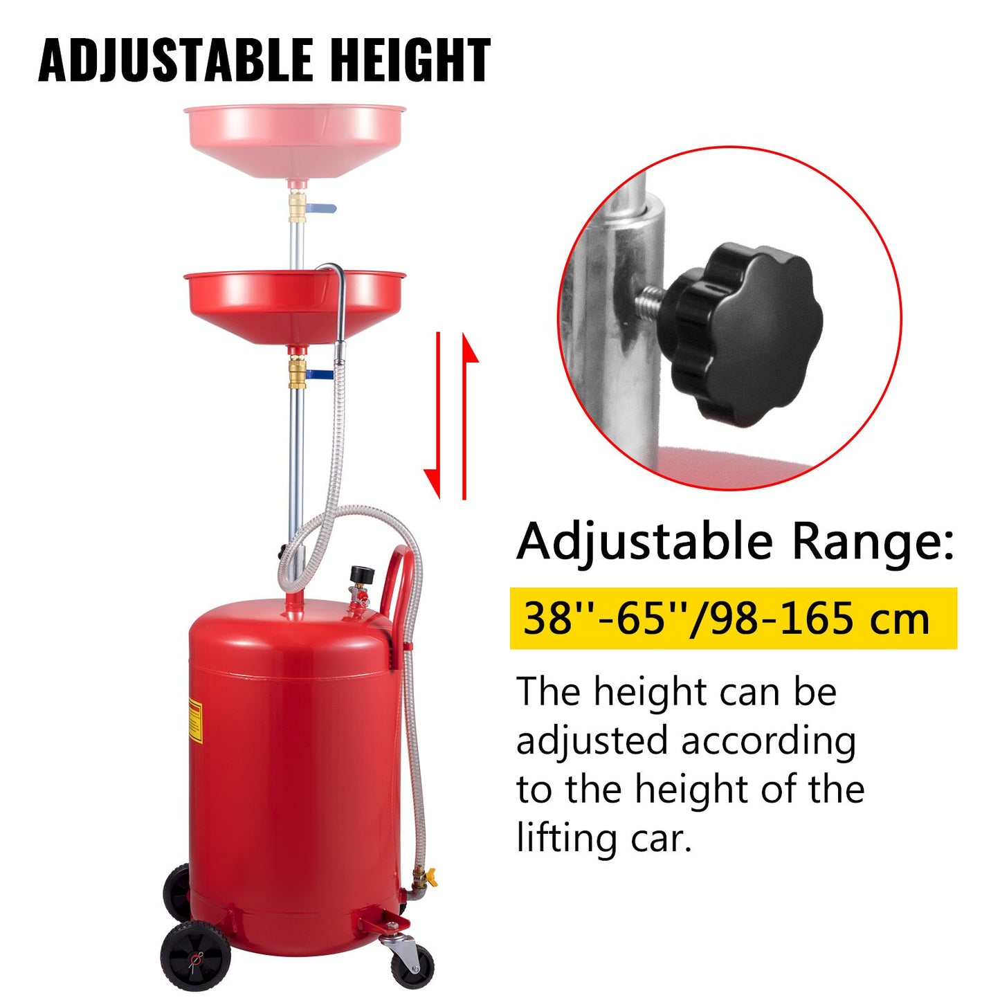 Waste Oil Drain Tank 20 Gallon Portable Oil Drain Air Operated Drainer Oil Change, Oil Drain Container, Fluid Fuel Transfer Drainage Adjustable Funnel Height, with Wheel for Easy Oil Removal