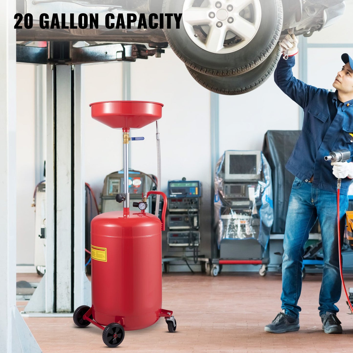 Spilloljeavtappningstank 20 gallon bärbar oljeavtappning Luftdriven dränering Oljebyte, oljeavtappningsbehållare, flytande bränsleöverföring Dränering Justerbar tratthöjd, med tryckregleringsventil