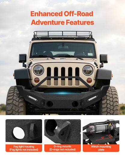 Front Bumper Compatible with 2007-2018 Wrangler JK/JKU, Heavy-Duty Steel Front Bumper with 2PCS LED Light Bars, Winch Plate, Fog Light Housing and D-Ring Mounts