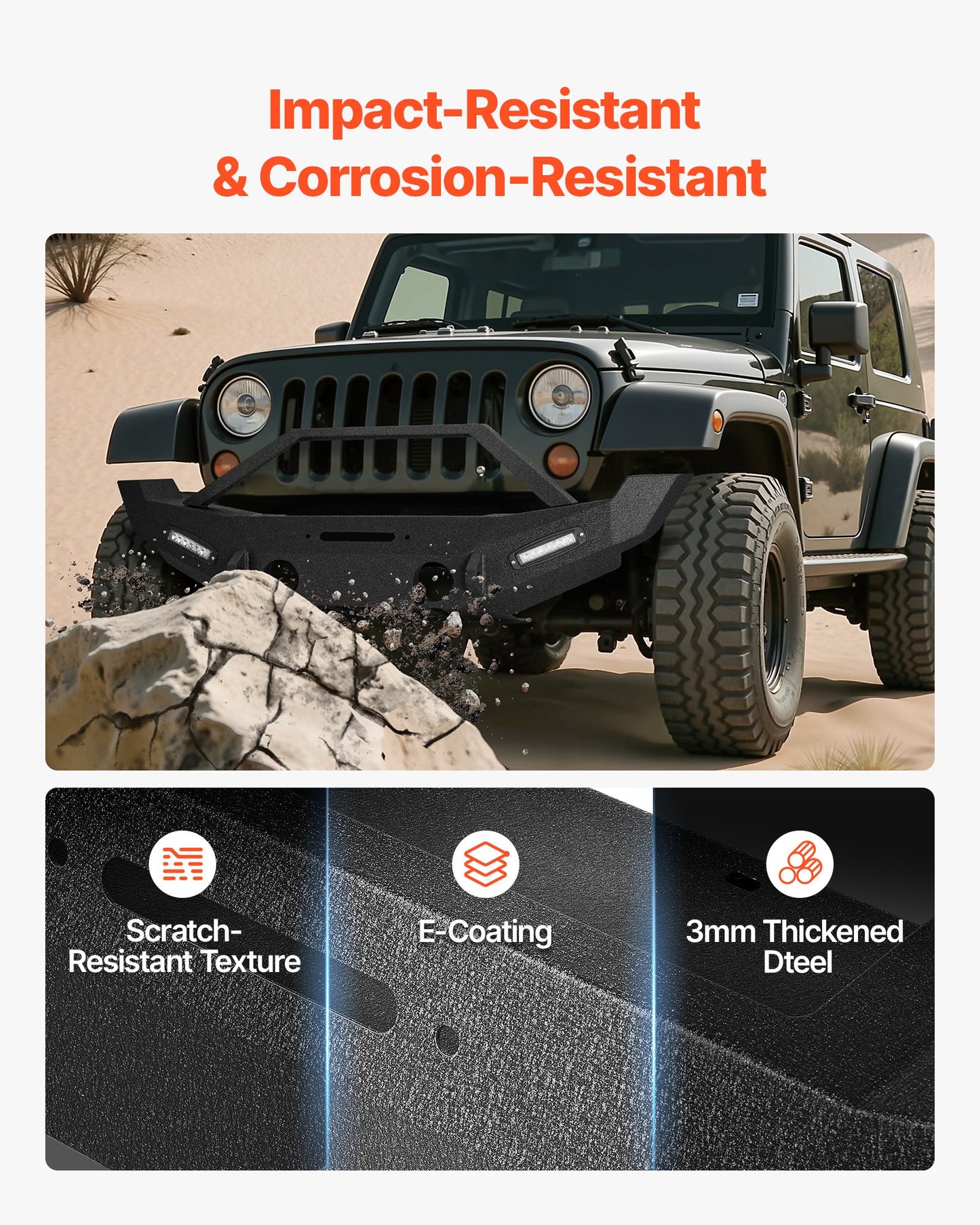 Front Bumper Compatible with 2007-2018 Wrangler JK/JKU, Heavy-Duty Steel Front Bumper with 2PCS LED Light Bars, Winch Plate, Fog Light Housing and D-Ring Mounts