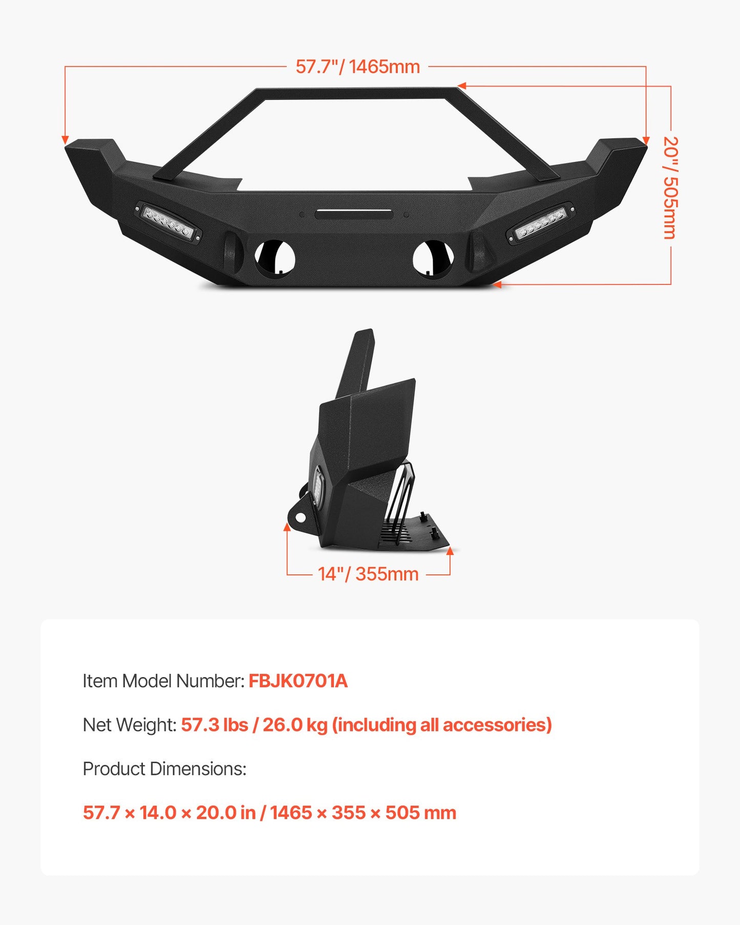 Front Bumper Compatible with 2007-2018 Wrangler JK/JKU, Heavy-Duty Steel Front Bumper with 2PCS LED Light Bars, Winch Plate, Fog Light Housing and D-Ring Mounts