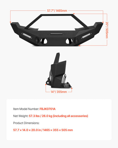 Front Bumper Compatible with 2007-2018 Wrangler JK/JKU, Heavy-Duty Steel Front Bumper with 2PCS LED Light Bars, Winch Plate, Fog Light Housing and D-Ring Mounts