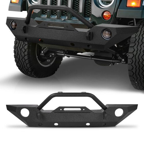Front Bumper Compatible with 2007-2018 Wrangler JK/JKU - with Winch Plate, D-Ring Mounts & Fog Light Housing, Heavy-Duty Steel Front Bumper with E-Coating