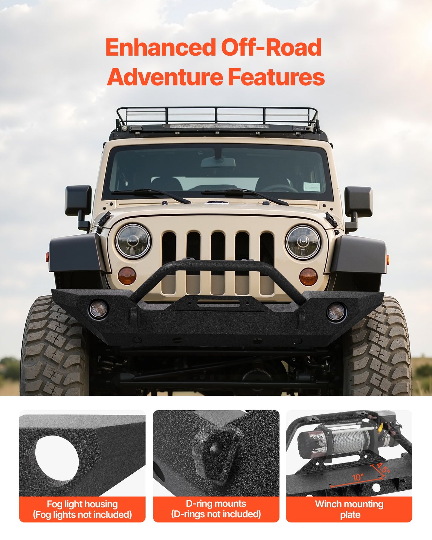 Front Bumper Compatible with 2007-2018 Wrangler JK/JKU - with Winch Plate, D-Ring Mounts & Fog Light Housing, Heavy-Duty Steel Front Bumper with E-Coating