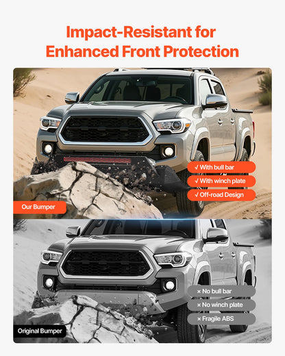Front Bumper Compatible with 2016-2023 Toyota Tacoma (Excluding Tacoma TRD/Tacoma TRD Sport), Pickup Truck Bumper with Winch Plate & D-Ring Mounts, Heavy-Duty Steel Front Bumpers with E-Coating and Bull Bar