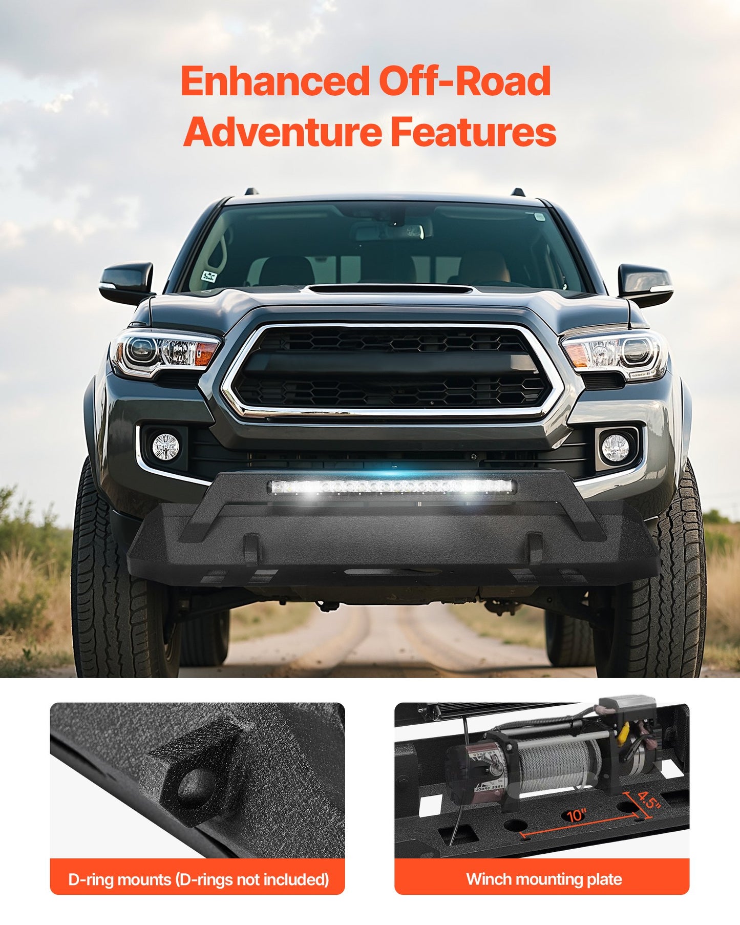Front Bumper Compatible with 2016-2023 Toyota Tacoma (Excluding Tacoma TRD/Tacoma TRD Sport), Pickup Truck Bumper with LED Light Bar, Winch Plate & D-Rings Mounts, Heavy-Duty Steel Front Bumper with E-Coating