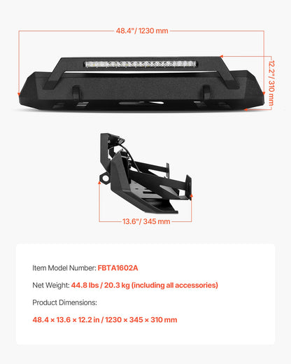 Front Bumper Compatible with 2016-2023 Toyota Tacoma (Excluding Tacoma TRD/Tacoma TRD Sport), Pickup Truck Bumper with LED Light Bar, Winch Plate & D-Rings Mounts, Heavy-Duty Steel Front Bumper with E-Coating