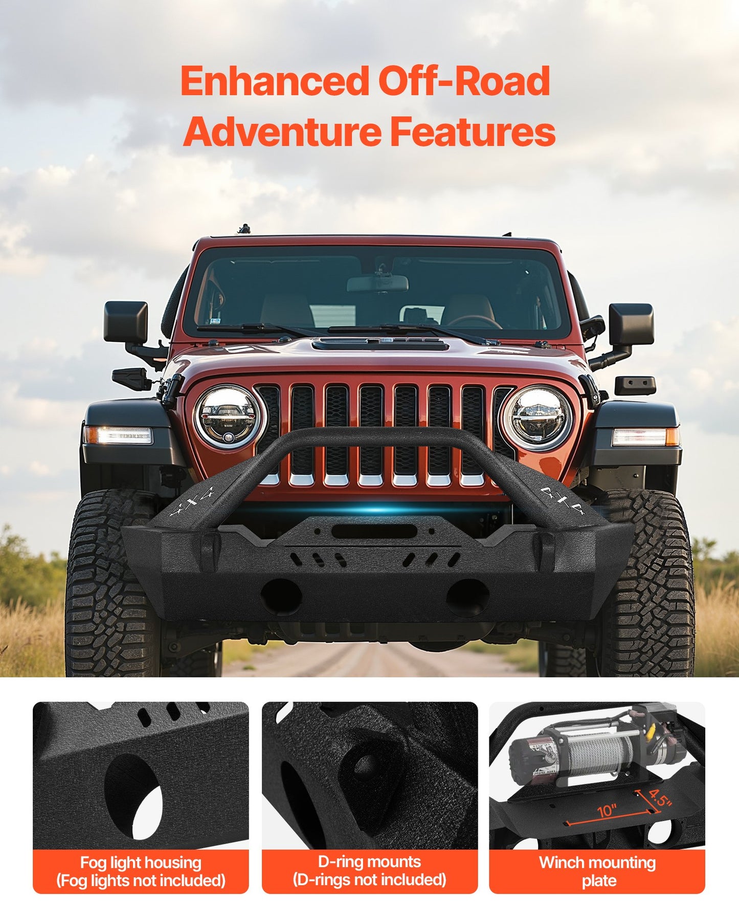 Front Bumper Compatible with 2018-2024 Jeep Wrangler JL JLU & Gladiator JT, Heavy-Duty Steel Front Bumper with Winch Plate, D-Ring Mounts & Fog Light Housing