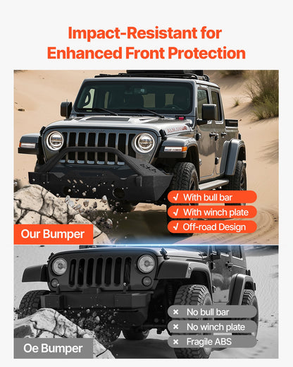 Front Bumper Compatible with 2018-2024 Jeep Wrangler JL JLU & Gladiator JT, Heavy-Duty Steel Front Bumper with Winch Plate, D-Ring Mounts & Fog Light Housing