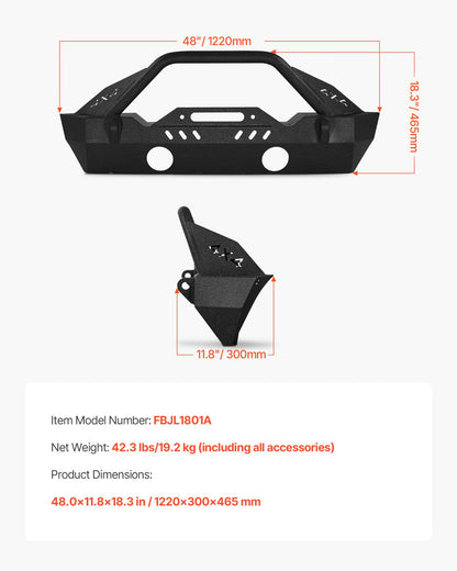 Front Bumper Compatible with 2018-2024 Jeep Wrangler JL JLU & Gladiator JT, Heavy-Duty Steel Front Bumper with Winch Plate, D-Ring Mounts & Fog Light Housing
