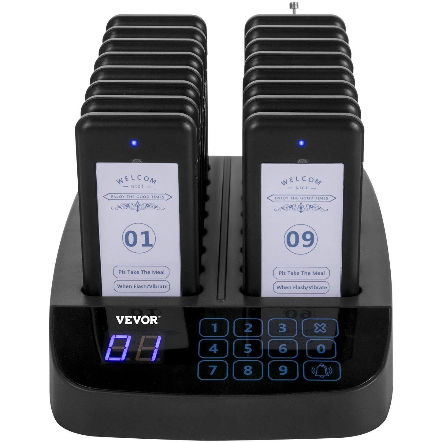 F101 Restaurant Pager System 16 Pagers, Max 98 Beepers Wireless Calling System, Touch Keyboard with Vibration, Flashing and Buzzer for Church, Nurse,Hospital & Hotel