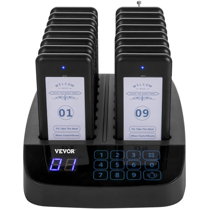 F101 Restaurant Pager System 16 Pagers, Max 98 Beepers Wireless Calling System, Touch Keyboard with Vibration, Flashing and Buzzer for Church, Nurse,Hospital & Hotel