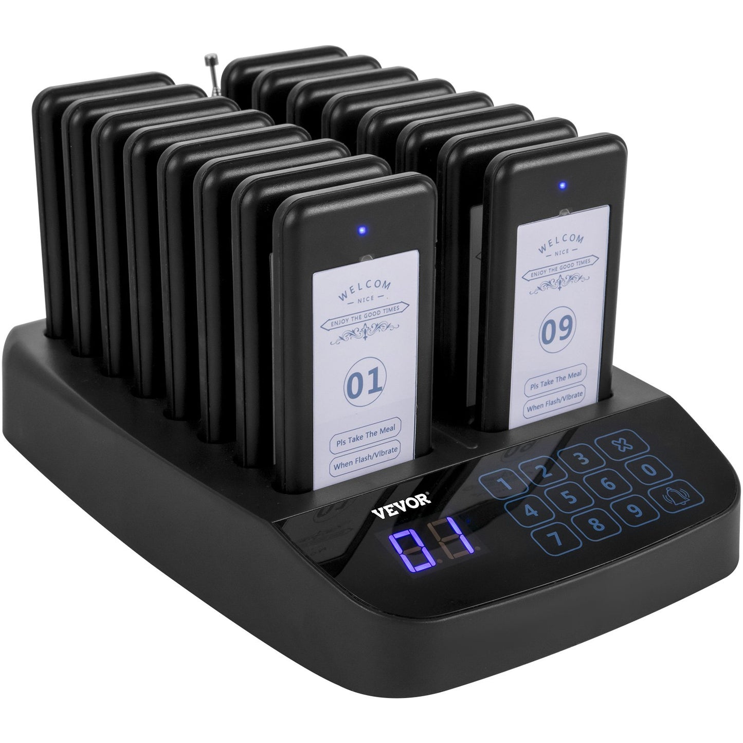 F101 Restaurant Pager System 16 Pagers, Max 98 Beepers Wireless Calling System, Touch Keyboard with Vibration, Flashing and Buzzer for Church, Nurse,Hospital & Hotel