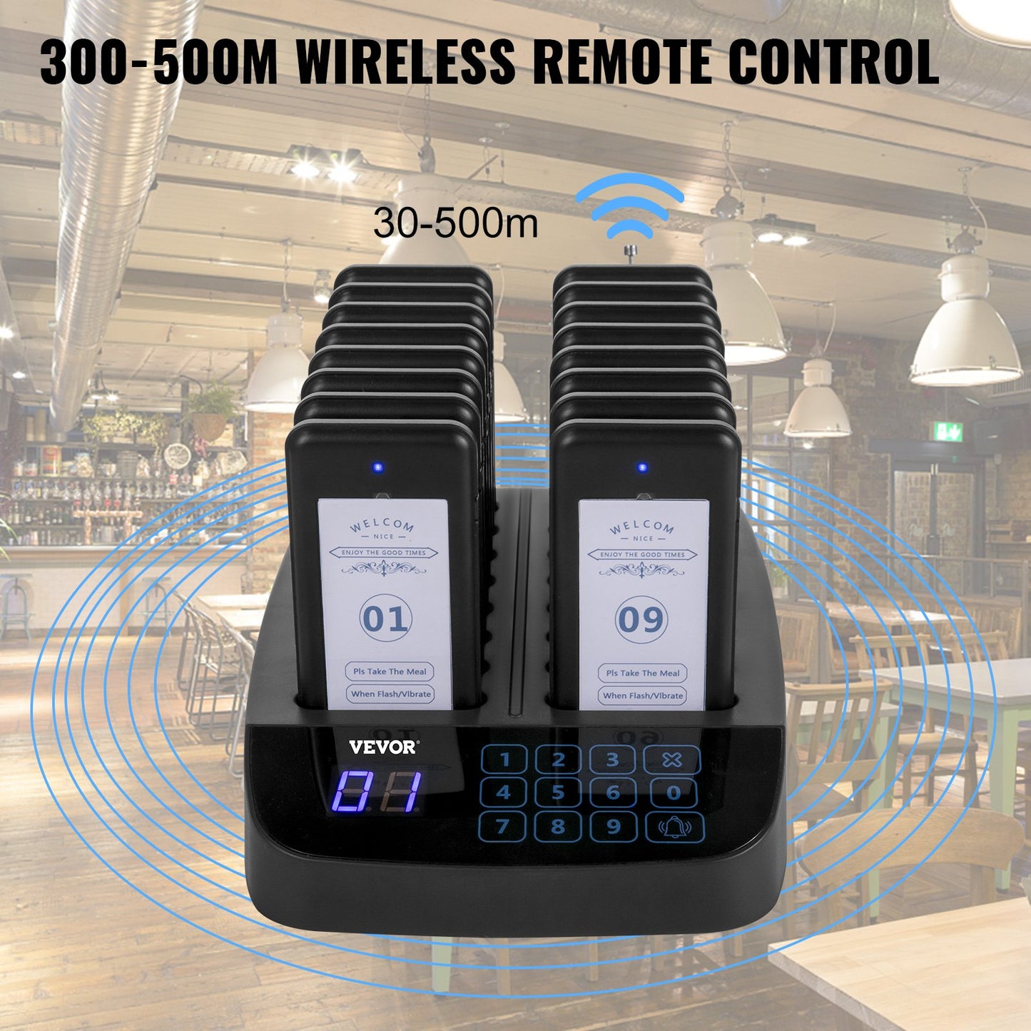 F101 Restaurant Pager System 16 Pagers, Max 98 Beepers Wireless Calling System, Touch Keyboard with Vibration, Flashing and Buzzer for Church, Nurse,Hospital & Hotel