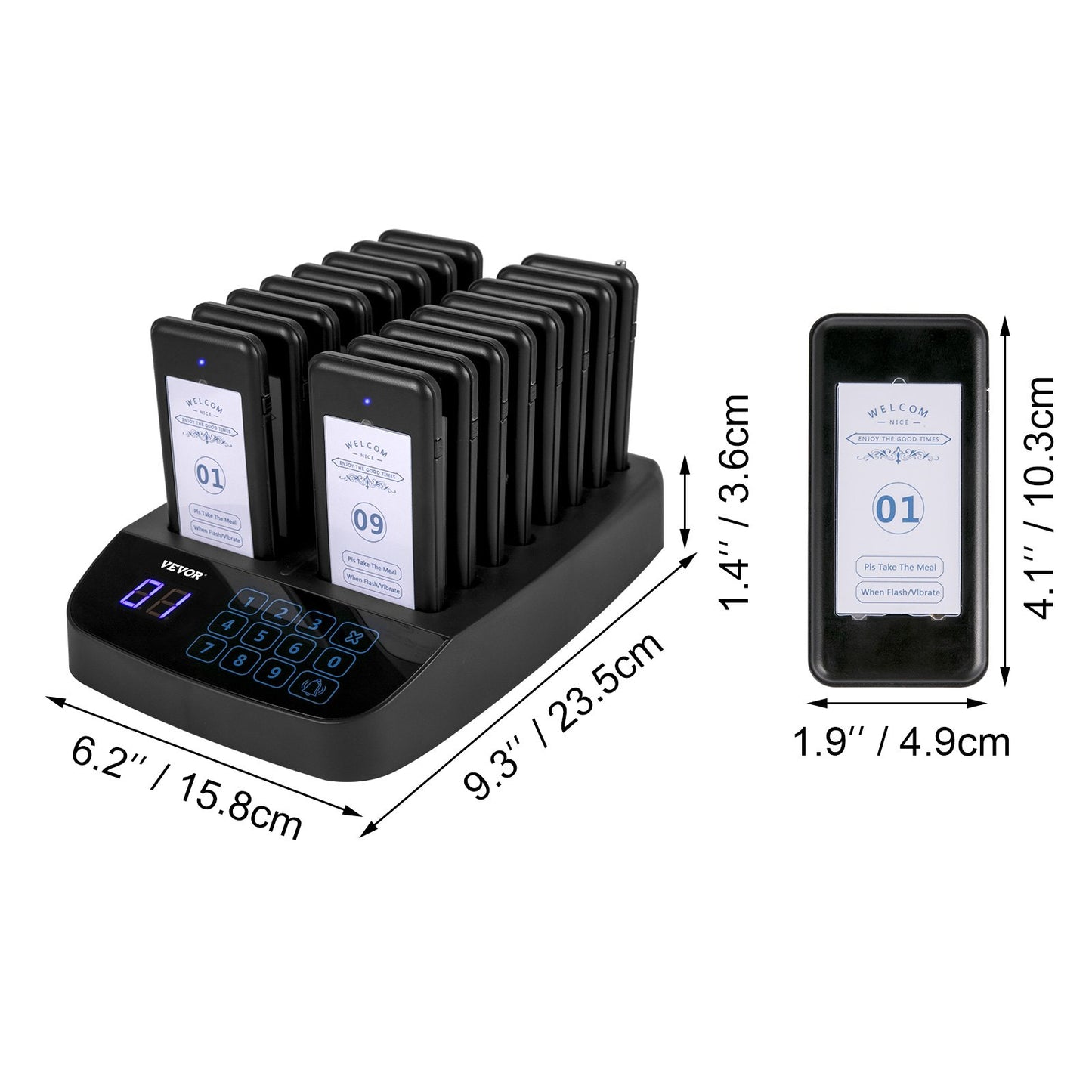 F101 Restaurant Pager System 16 Pagers, Max 98 Beepers Wireless Calling System, Touch Keyboard with Vibration, Flashing and Buzzer for Church, Nurse,Hospital & Hotel