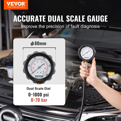 Kompressionstester für Dieselmotoren, 18-teiliges Zylinderdruckprüfwerkzeug-Set, mit 0–1000 psi-Messgeräten und Adaptern, Dieseleinspritzdüsenprüfer zum Prüfen von Zylindern in Diesel-LKWs, Traktoren und Geräten