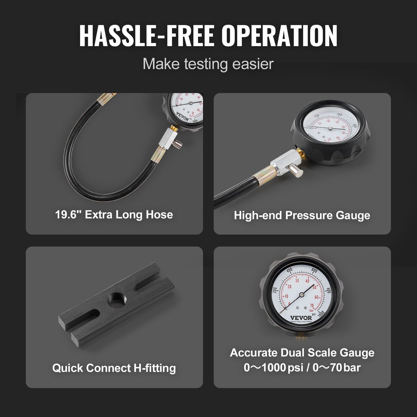 Kompressionstester für Dieselmotoren, 18-teiliges Zylinderdruckprüfwerkzeug-Set, mit 0–1000 psi-Messgeräten und Adaptern, Dieseleinspritzdüsenprüfer zum Prüfen von Zylindern in Diesel-LKWs, Traktoren und Geräten