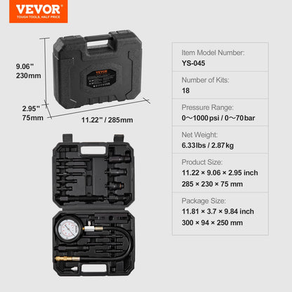 Kompressionstester für Dieselmotoren, 18-teiliges Zylinderdruckprüfwerkzeug-Set, mit 0–1000 psi-Messgeräten und Adaptern, Dieseleinspritzdüsenprüfer zum Prüfen von Zylindern in Diesel-LKWs, Traktoren und Geräten