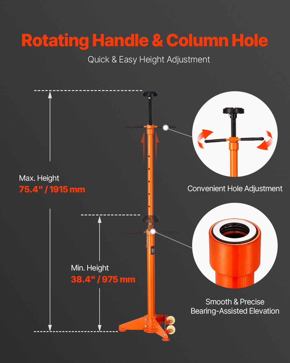 Underhoist Support Stand, 3/4 Ton Capacity Under Hoist Jack Stand, Lifting from 38.4 to 75.4 in, Bearing Mounted Spin Handle, Self-Locking Threaded Screw, Two Wheels, Support Vehicle Components