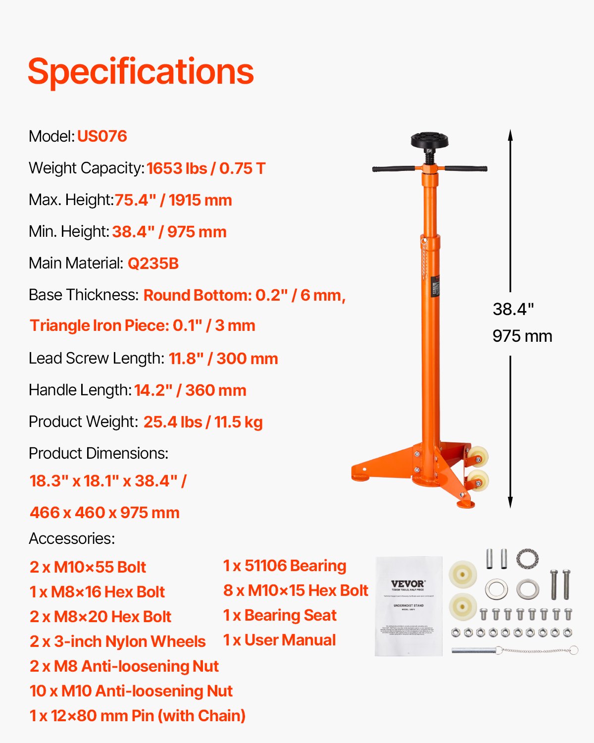 Underhoist Support Stand, 3/4 Ton Capacity Under Hoist Jack Stand, Lifting from 38.4 to 75.4 in, Bearing Mounted Spin Handle, Self-Locking Threaded Screw, Two Wheels, Support Vehicle Components