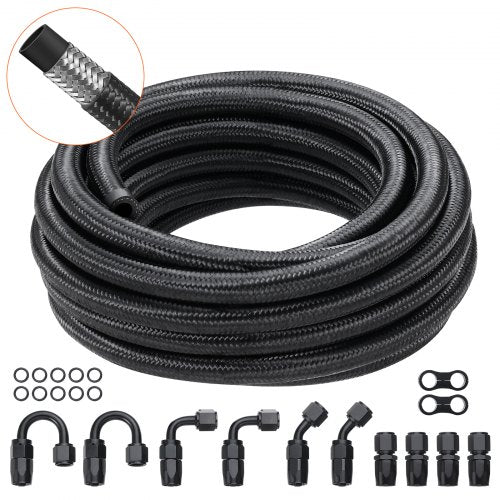 8AN Fuel Line Kit, 20 FT Fuel Hose Kit, 0.43" Nylon Stainless Steel Braided Fuel Line Oil/Gas/Diesel Hose End Fitting Kit, with 12 PCS Swivel Fitting Adapter Kit, Black