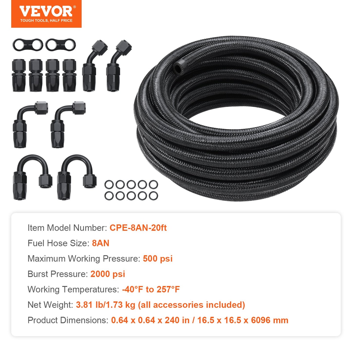 8AN Fuel Line Kit, 20 FT Fuel Hose Kit, 0.43" Nylon Stainless Steel Braided Fuel Line Oil/Gas/Diesel Hose End Fitting Kit, with 12 PCS Swivel Fitting Adapter Kit, Black