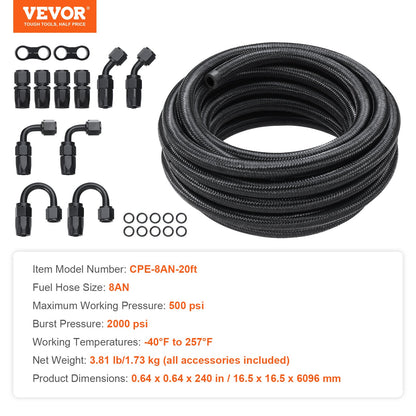 8AN Fuel Line Kit, 20 FT Fuel Hose Kit, 0.43" Nylon, Stainless Steel Braided Fuel Line Kit for Oil/Gas/Diesel Hose End, with 12-ST Swivel Adapter Kit, Black