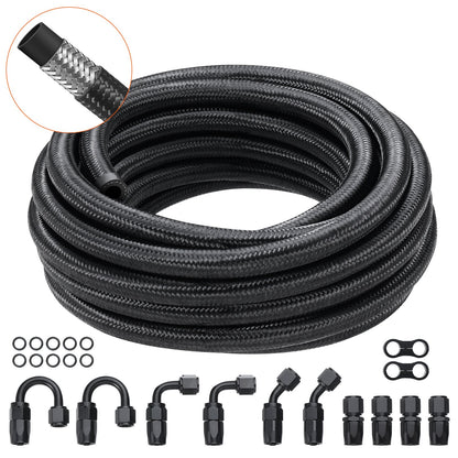 8AN Fuel Line Kit, 20 FT Fuel Hose Kit, 0.43" Nylon, Stainless Steel Braided Fuel Line Kit for Oil/Gas/Diesel Hose End, with 12-ST Swivel Adapter Kit, Black