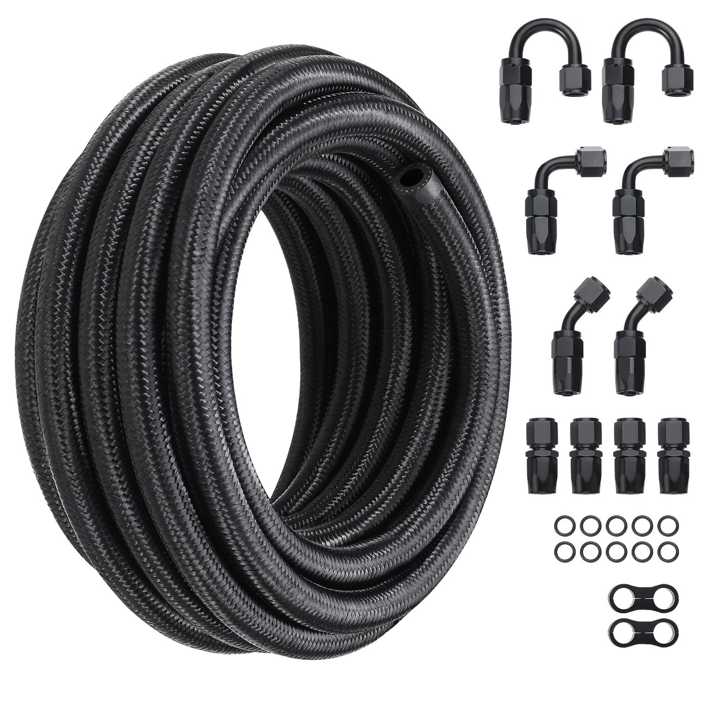 8AN Fuel Line Kit, 20 FT Fuel Hose Kit, 0.43" Nylon, Stainless Steel Braided Fuel Line Kit for Oil/Gas/Diesel Hose End, with 12-ST Swivel Adapter Kit, Black