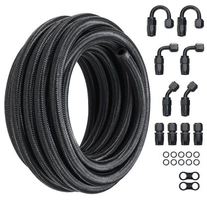 8AN Fuel Line Kit, 20 FT Fuel Hose Kit, 0.43" Nylon, Stainless Steel Braided Fuel Line Kit for Oil/Gas/Diesel Hose End, with 12-ST Swivel Adapter Kit, Black