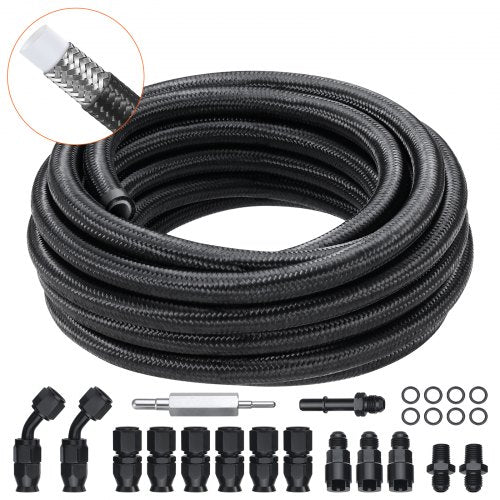 6AN Fuel Line Kit, 25 FT Fuel Hose Kit, 5/16" Nylon Stainless Steel Braided PTFE Fuel Line Kit, E85/Oil/Gas/Diesel Hose End Fitting Kit, with 15 PCS Swivel Fitting Adapter Kit, Black